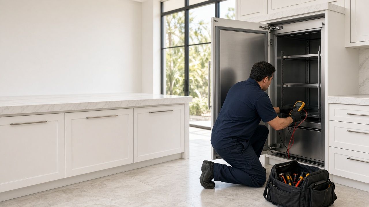 Technician testing a built-in refrigerator with a multimeter in a bright, modern kitchen
