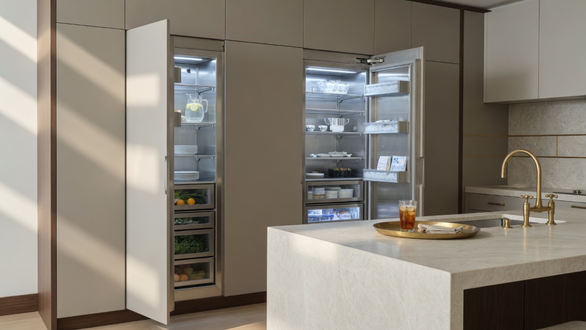Built-in column refrigerators with the doors open in a kitchen